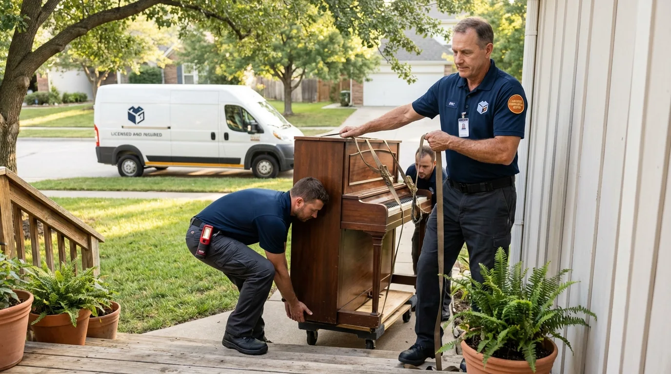 Licensed piano movers securing grand piano in North East, PA