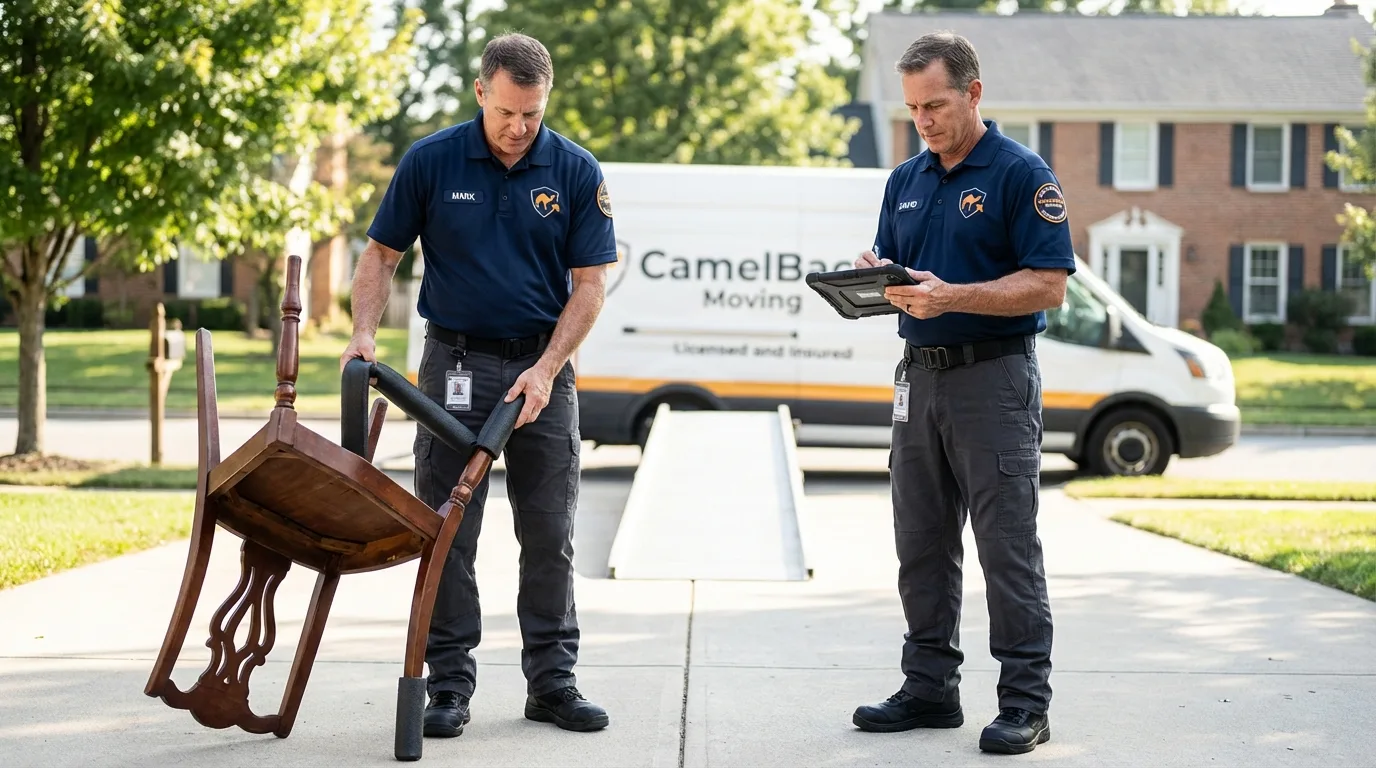 Movers inspecting furniture for damage prevention before loading in North East, PA