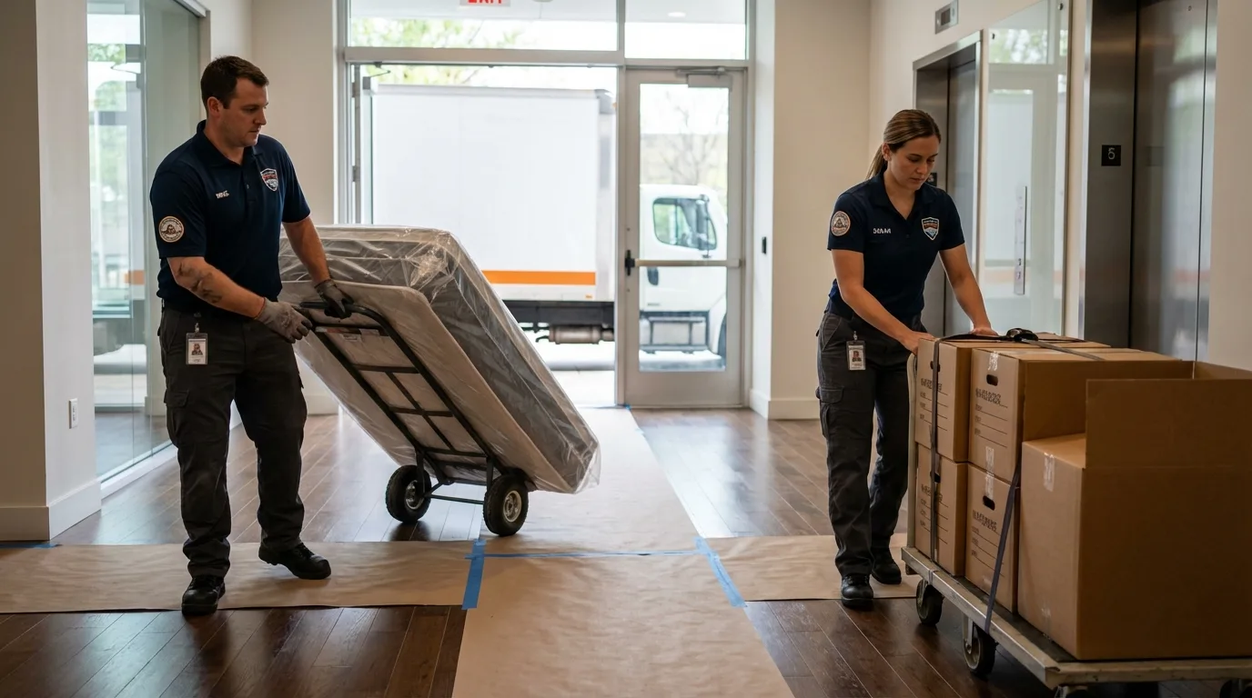 Professional apartment movers loading elevator in North East, PA