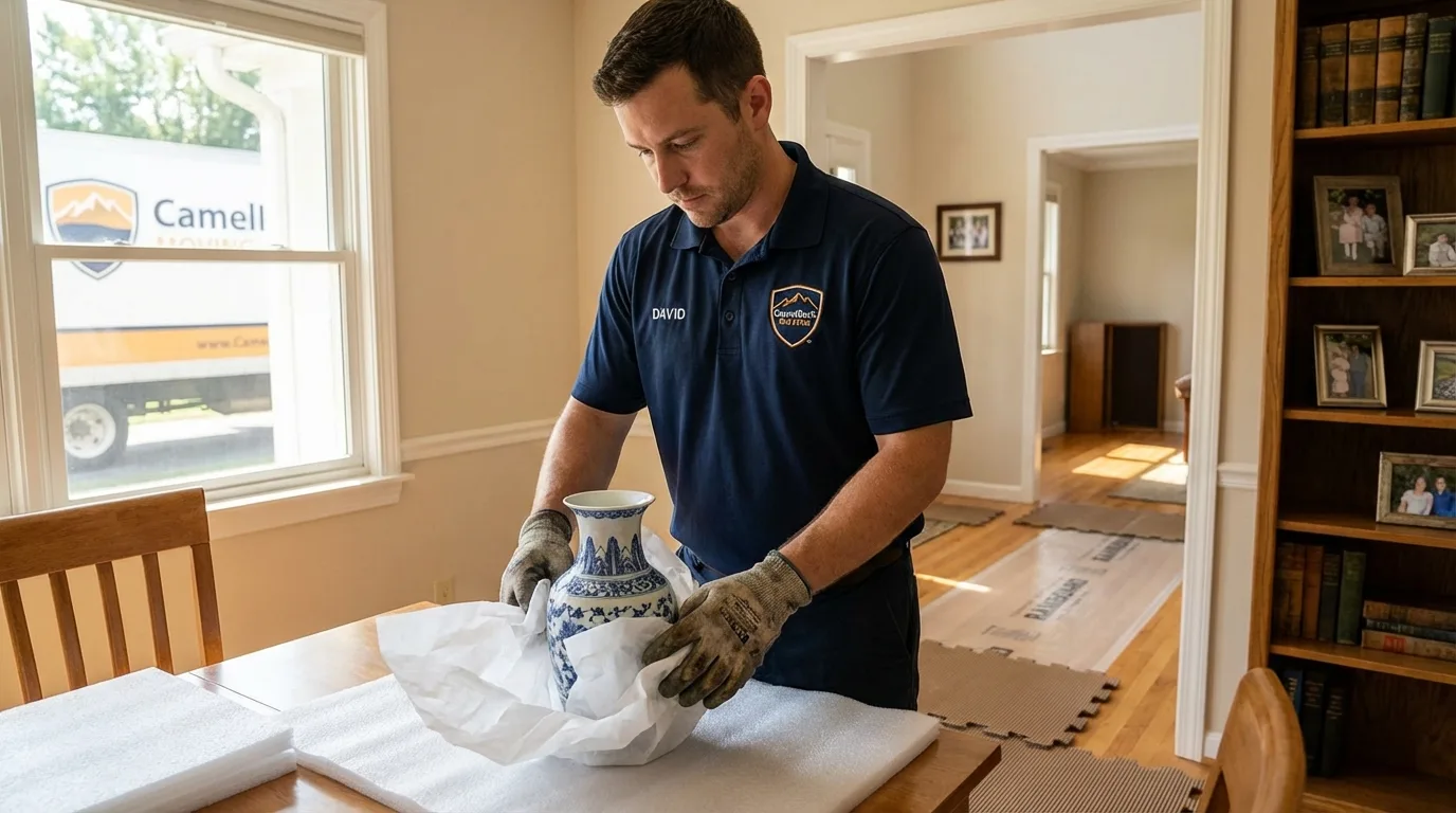 Professional crew carefully wrapping antique vase for senior downsizing move in North East, PA